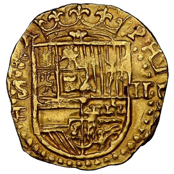 Seville, Spain, gold cob 2 escudos, Philip II, assayer Gothic D with open right side below mintmark 