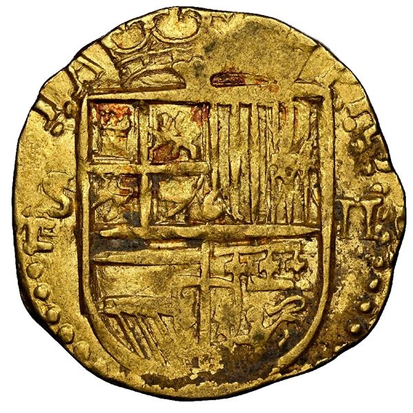 Seville, Spain, gold cob 2 escudos, Philip II, assayer Gothic D with open right side below mintmark