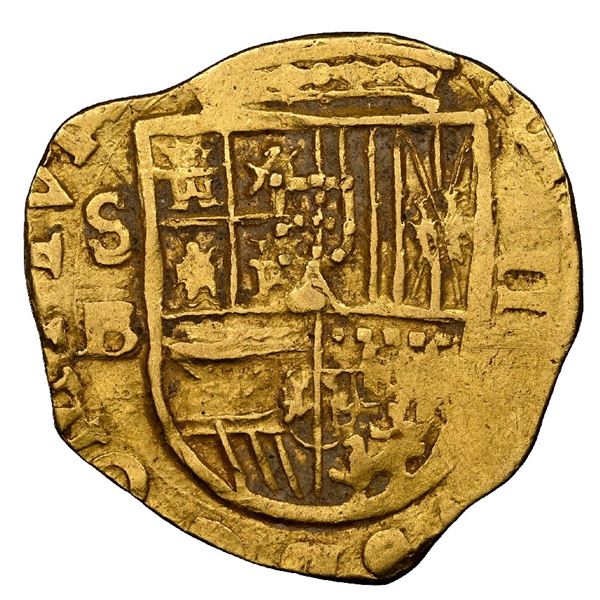 Seville, Spain, gold cob 2 escudos, Philip III, assayer B, OMNIVM variety, NGC AU 53.