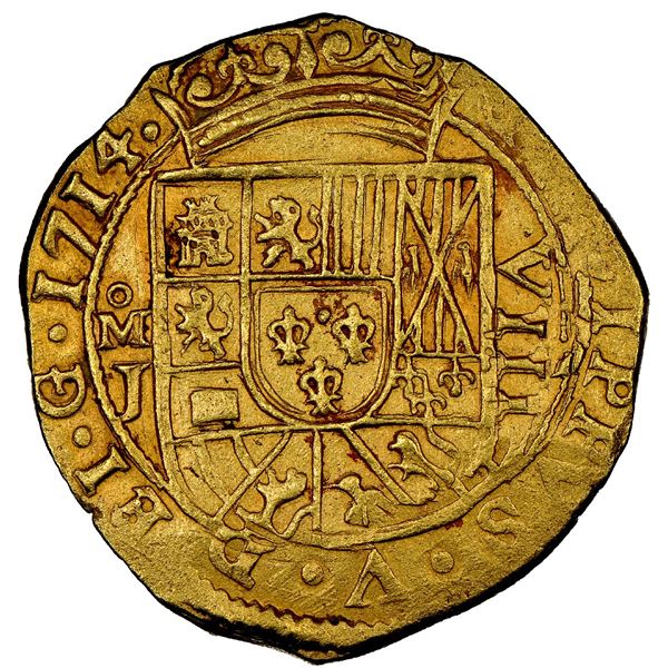 Mexico City, Mexico, gold cob 8 escudos, 1714 J, NGC MS 62 (1715 Fleet Shipwreck Label).