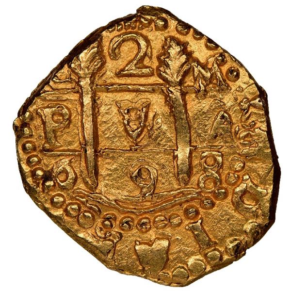 Cuzco, Peru, gold cob 2 escudos, 1698 M, "Bogota cut," NGC MS 64 (1715 Fleet Shipwreck Label, "top