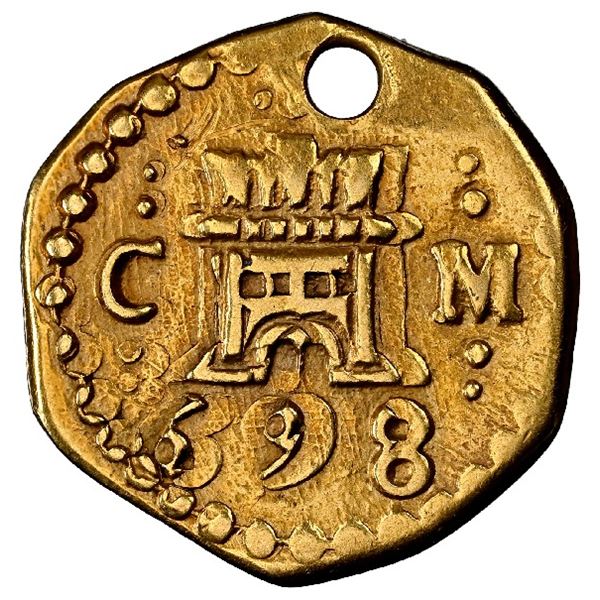 Cuzco, Peru, gold cob 1 escudo, 1698 M, extremely rare, NGC AU details / holed, Sedwick Plate.