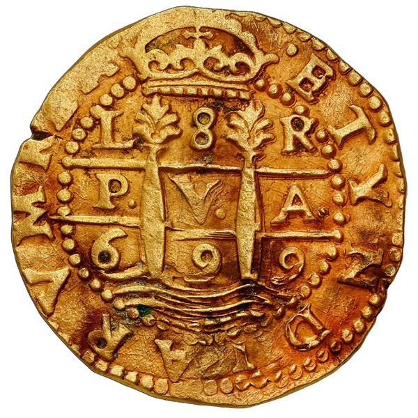 Lima, Peru, gold cob 8 escudos, 1699 R, legend HISPANIARVM, rare, Royal-like, ex-1715 Fleet, ex-Supe