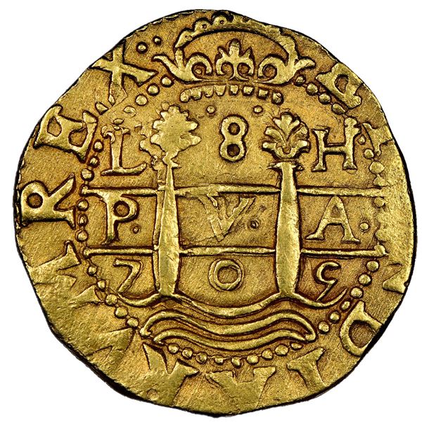 Lima, Peru, gold cob 8 escudos, 1705 H, NGC AU 58 (1715 Fleet Shipwreck Label), Tauler Plate.