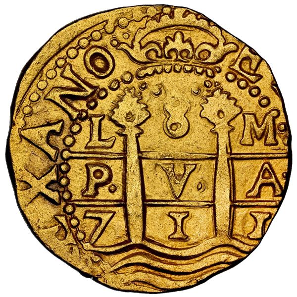 Lima, Peru, gold cob 8 escudos, 1711 M, NGC AU 58 (1715 Fleet Shipwreck Label), ex-1715 Fleet.