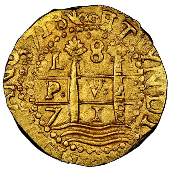 Lima, Peru, gold cob 8 escudos, 1713 M, legend HISPANIAR, NGC MS 63 (1715 Fleet Shipwreck Label), Ta
