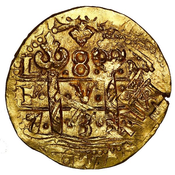 Lima, Peru, gold cob 8 escudos, 1737 N, flipover double-strike.