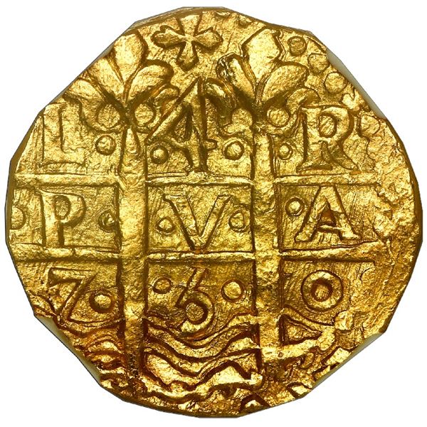 Lima, Peru, gold cob 4 escudos, 1750 R, NGC MS 64 / ex. Luz.
