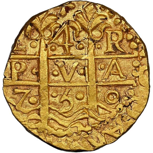 Lima, Peru, gold cob 4 escudos, 1750 R, NGC UNC details / saltwater damage / La Luz (Shipwreck Blue
