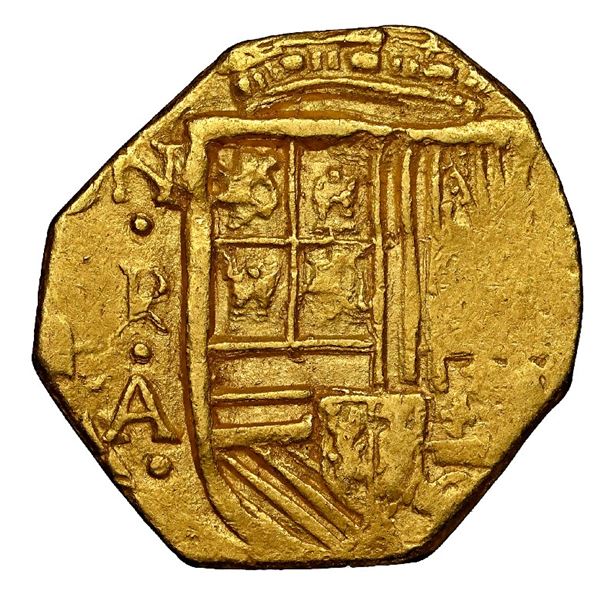 Bogota, Colombia, gold cob 2 escudos, assayer A below mintmark NR to left (early 1640s), NGC MS 62.
