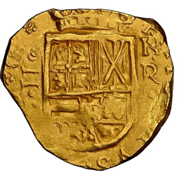 Bogota, Colombia, gold cob 2 escudos, assayer R below denomination to left, mintmark NR to right (ea