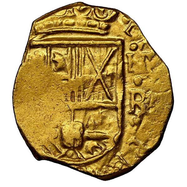 Bogota, Colombia, gold cob 2 escudos, 1647 R, mintmark to right (unlisted), NGC AU 55.