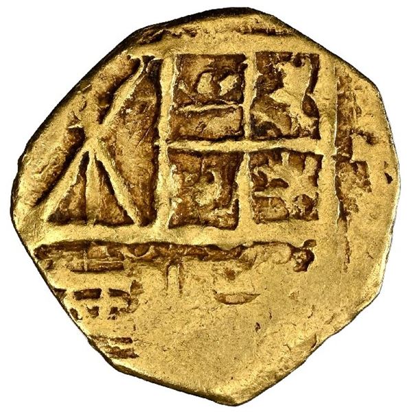 Bogota, Colombia, gold cob 1 escudo, Charles II posthumous, no assayer (Arce), transitional type of 