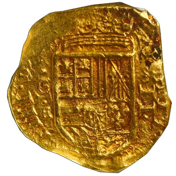 Cartagena, Colombia, gold cob 2 escudos, Philip IV, assayer E below mintmark C to left, dots inside 