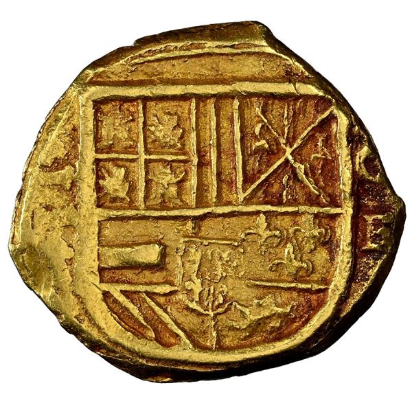 Cartagena, Colombia, gold cob 2 escudos, Philip IV, assayer E below mintmark C to right, crosses ins