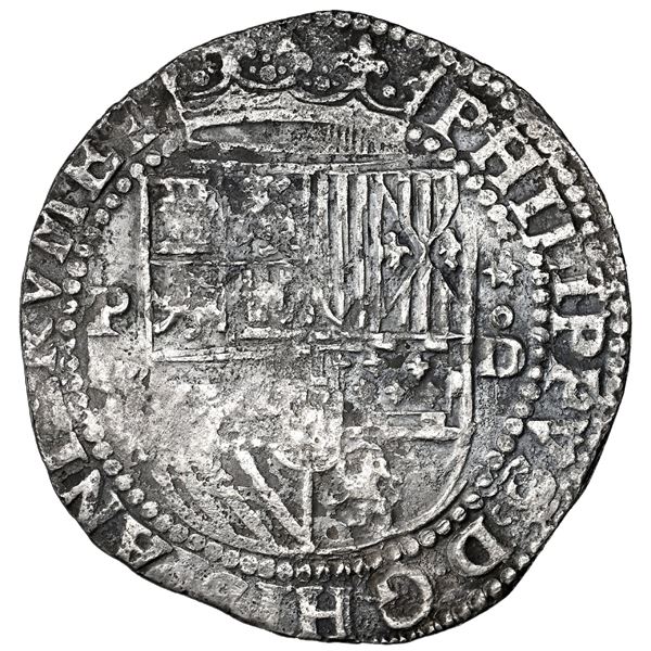 Lima, Peru, cob 8 reales, Philip II, assayer Diego de la Torre, P-8 to left, *-oD to right, NGC XF d