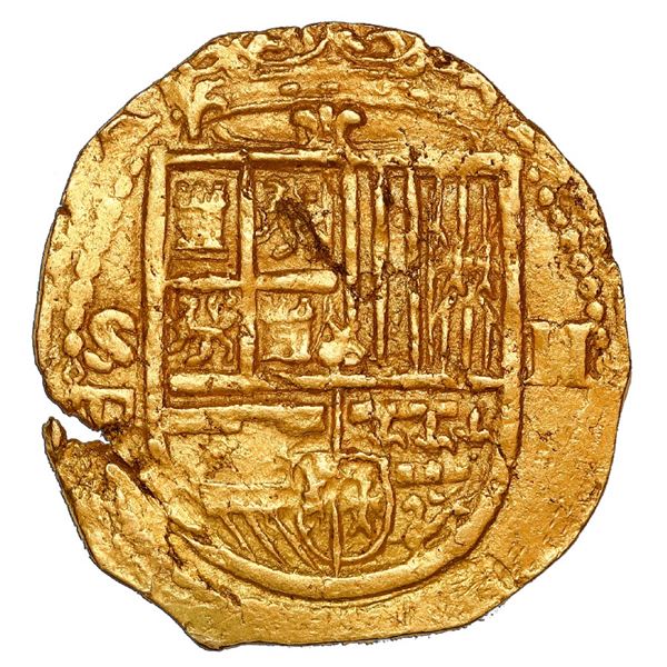 Seville, Spain, gold cob 2 escudos, Philip II, assayer Gothic D below mintmark S to left, PCGS AU58 