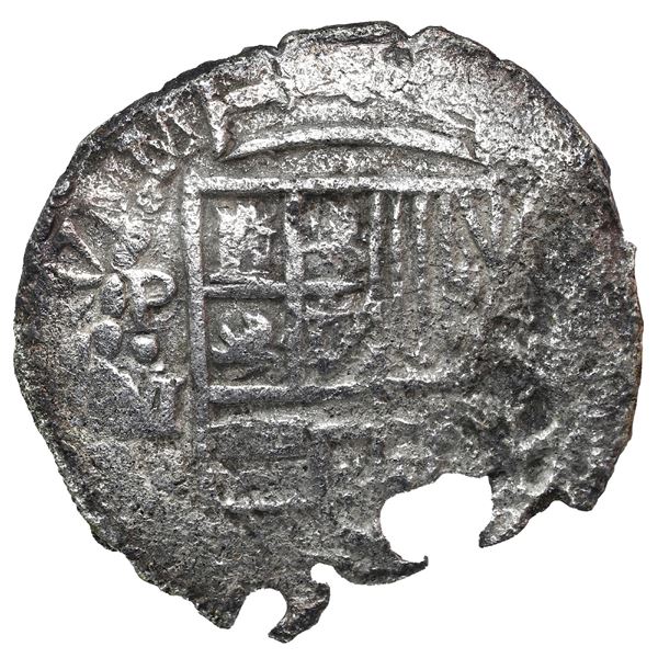 Potosi, Bolivia, cob 8reales, Philp III, assayer M (pre-dated type), Grade 3.