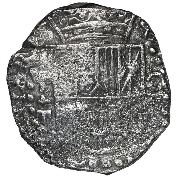 Potosi, Bolivia, cob 8 reales, 1621 T, mintmark "q" (retrograde P), Grade 2.
