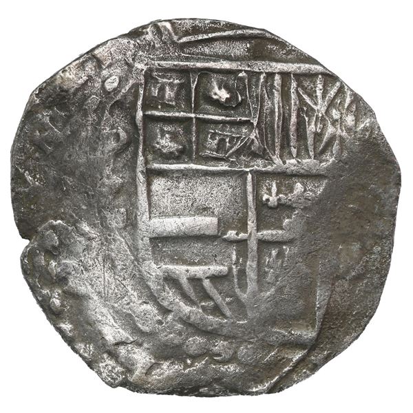 Potosi, Bolivia, cob 8 reales, Philip III, assayer T, quadrants of cross transposed, Grade 1.
