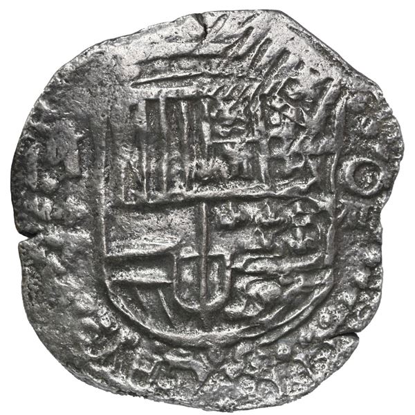 Potosi, Bolivia, cob 8 reales, Philip III, assayer T, quadrants of cross and upper half of shield tr
