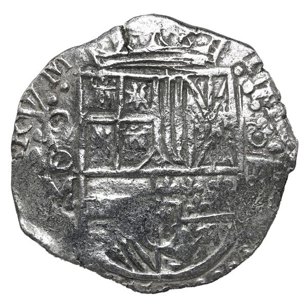 Potosi, Bolivia, cob 4 reales, 1617 M, with P-O-M to left of shield (very rare), Grade 1.