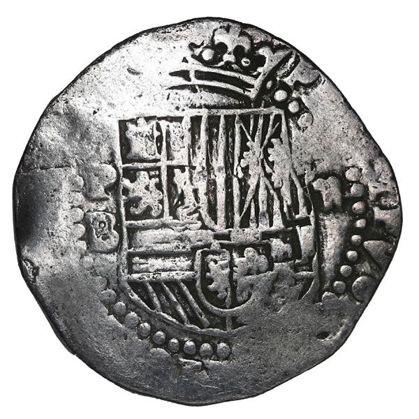 Potosi, Bolivia, cob 2 reales, Philip II, assayer B (3rd or 4th period), Grade 1.
