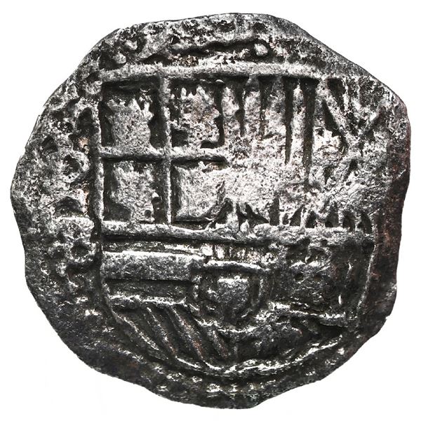 Potosi, Bolivia, cob 2 reales, Philip II, assayer B (3rd or 4th period), Grade 2.