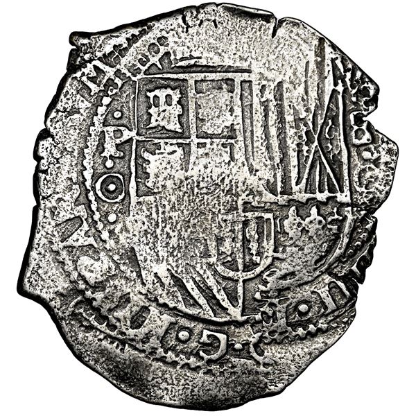 Potosi, Bolivia, cob 8 reales, 1650 O, fine style, with crowned-L countermark on cross, NGC XF detai