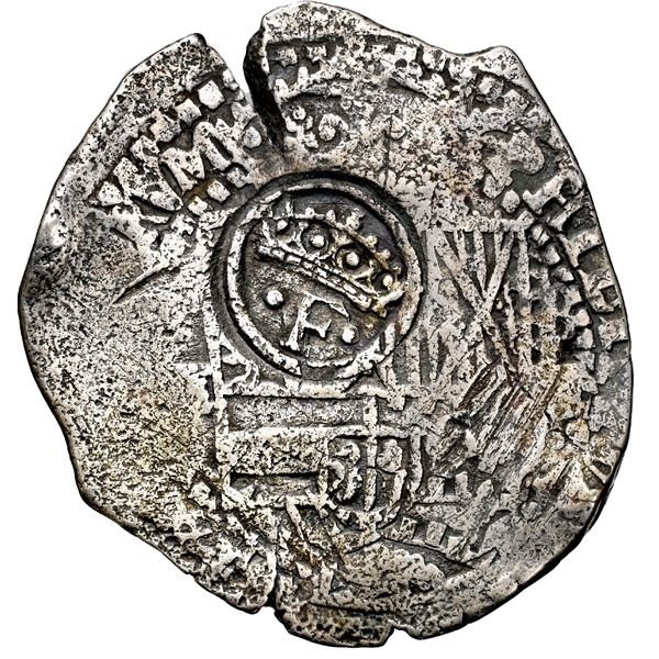 Potosi, Bolivia, cob 8 reales, 1651 E (modern 5), with crowned-dot-F-dot (two dots) countermark on s