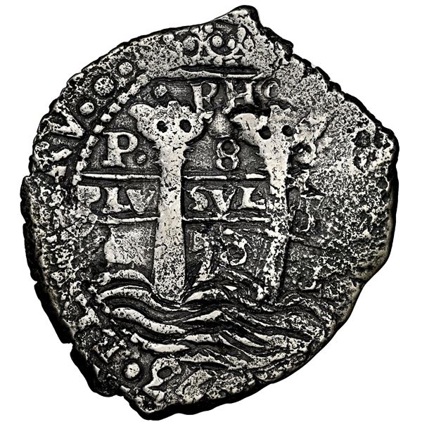 Potosi, Bolivia, cob 8 reales, 1653 E, dot-PH-dot at top, pomegranate above and 653 below cross, NGC