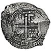 Image 2 : Potosi, Bolivia, cob 8 reales, 1653 E, dot-PH-dot at top, pomegranate above and 653 below cross, NGC
