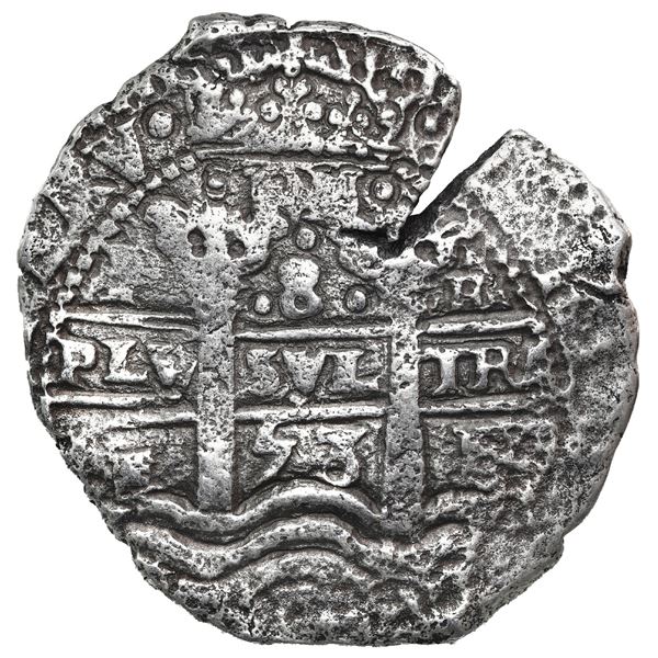 Potosi, Bolivia, cob 8 reales, 1653 E, dot-PH-dot at top, pomegranate above and 653 below cross.