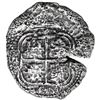 Image 2 : Potosi, Bolivia, cob 8 reales, 1653 E, dot-PH-dot at top, pomegranate above and 653 below cross.