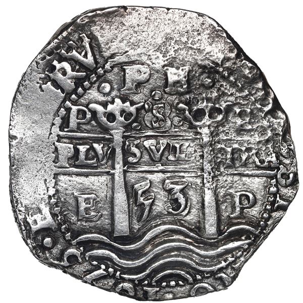 Potosi, Bolivia, cob 8 reales, 1653 E, dot-PH-dot at top, pomegranate above and 653 below cross.