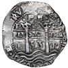 Image 1 : Potosi, Bolivia, cob 8 reales, 1653 E, dot-PH-dot at top, pomegranate above and 653 below cross.