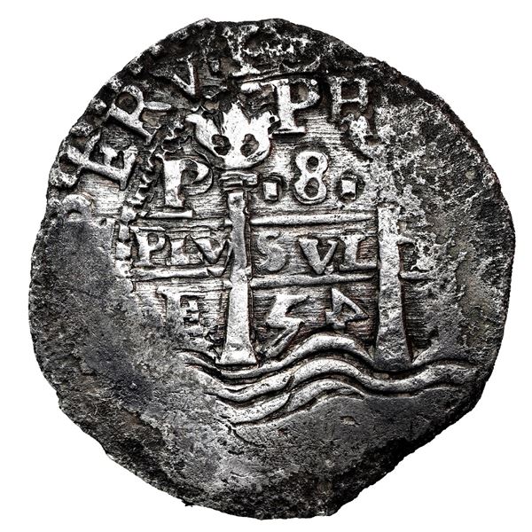 Potosi, Bolivia, cob 8 reales, 1654 E, retrograde 4 in date (rare), PH at top, Mastalir Plate.