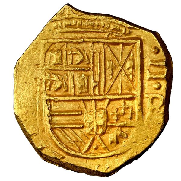 Bogota, Colombia, gold cob 2 escudos, Philip IV, assayer R below domination II to right (mintmark NR