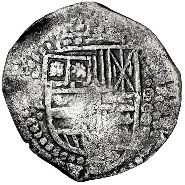 Potosi, Bolivia, cob 8 reales, 1649 Z, with crowned-L countermark on cross, NGC VF details / saltwat