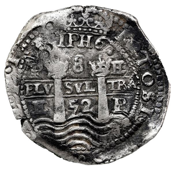 Potosi, Bolivia, cob 8 reales, 1652 E post-transitional (Transitional Type VIII/B), 1-PH-6 at top.