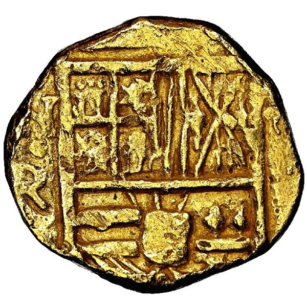 Bogota, Colombia, gold cob 2 escudos, Philip IV, assayer not visible (R below denomination II to rig