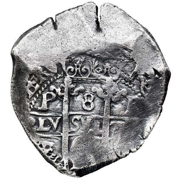 Potosi, Bolivia, cob 8 reales, Philip IV, assayer E.