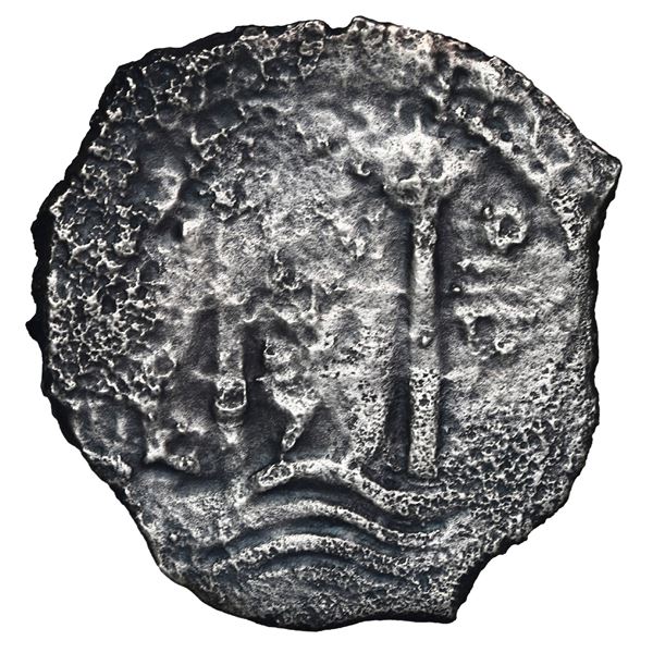 Potosi, Bolivia, cob 8 reales, 1679 V, mintmark and assayer transposed on pillars side, rare.