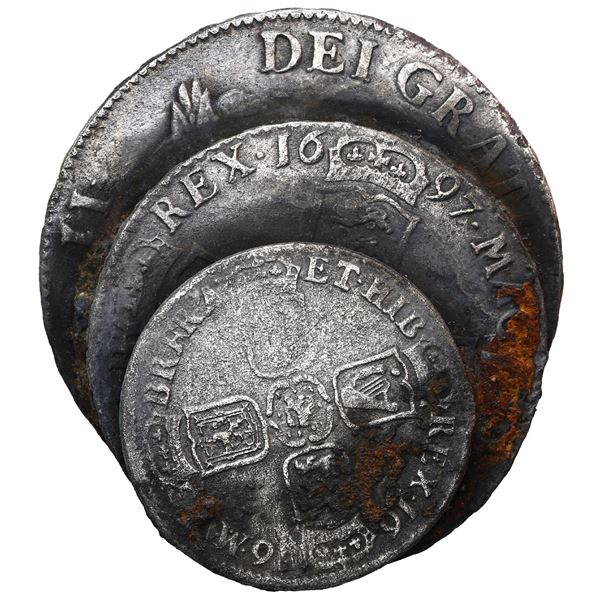 1667 Coin Clump of three English silver coins of Charles II (crown, 1667) and ...
