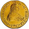 Image 1 : Santiago, Chile, gold bust 8 escudos, Ferdinand VI, 1751 J, NGC UNC details / saltwater damage / La 