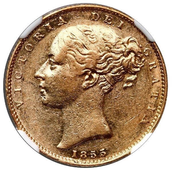 Great Britain (London, England), gold sovereign, Victoria (young head), 1855, with WW incuse, NGC XF