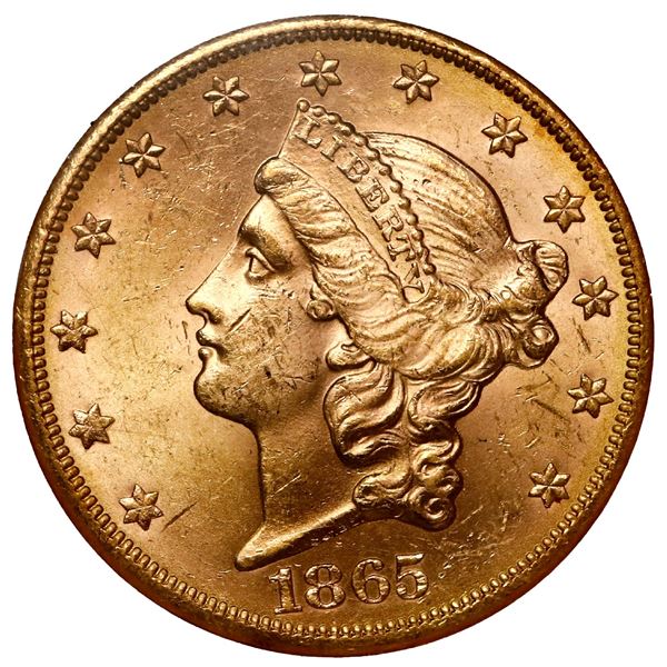 USA (San Francisco Mint), gold $20 Liberty Head double eagle, 1865-S, small S, NGC MS 62, with woode