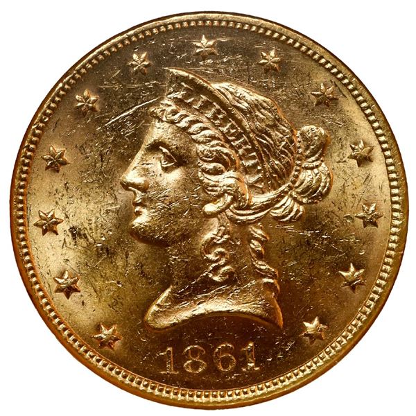 USA (Philadelphia Mint), gold $10 Liberty Head eagle, 1861, NGC MS 61, with wooden display box.