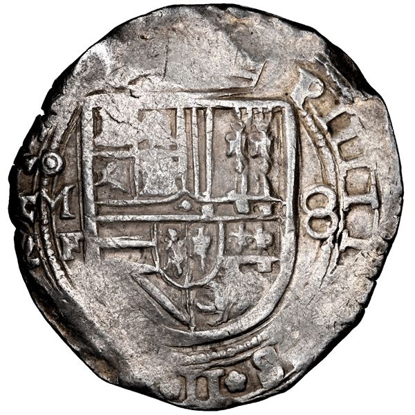 Mexico City, Mexico, cob 8 reales, Philip II, assayer F below mintmark oM (with dotted o) to left, k