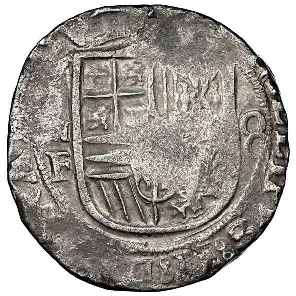 Mexico City, Mexico, cob 8 reales, Philip II, assayer F, figure-8 stops in legends, NGC XF 45.
